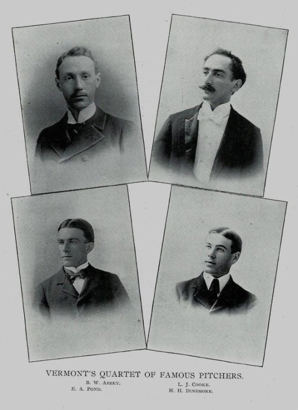 University of Vermont yearbook, 1890s. Four headshots of the team's pitchers nattily dressed in suits. Arlie Pond is bottom left.